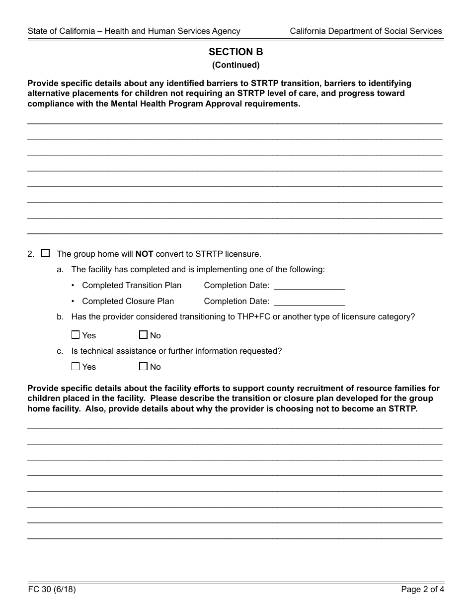 Form FC30 Group Home Extension Request for the Rate Classification Level (Rcl) Rate - California, Page 2