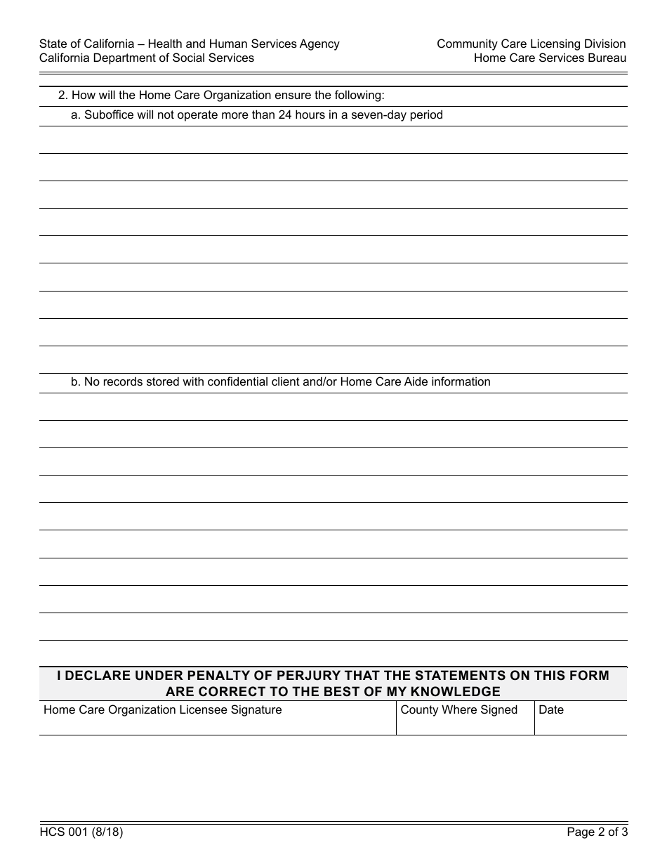 Form HCS001 Home Care Organization Suboffice Request - California, Page 2