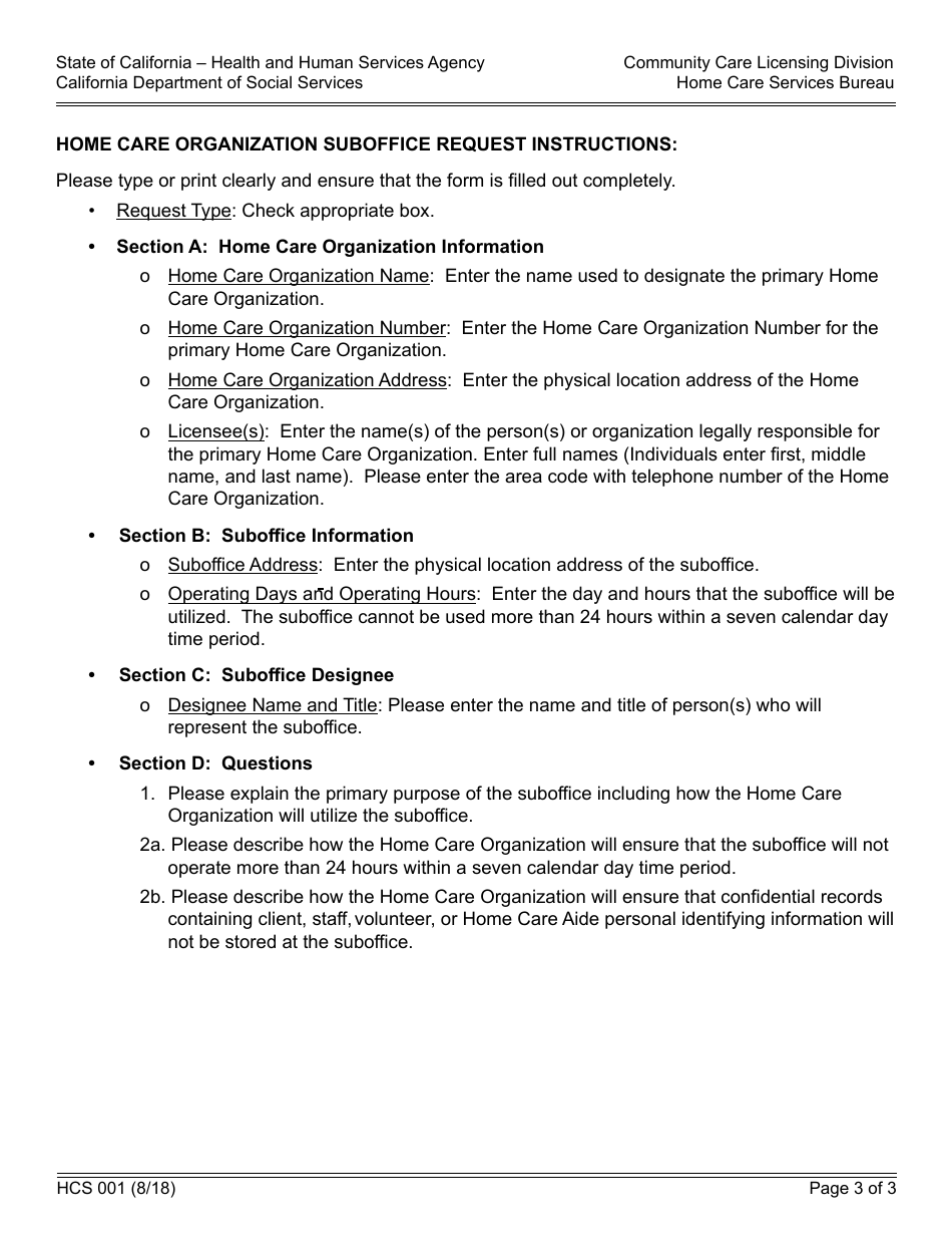 Form HCS001 Home Care Organization Suboffice Request - California, Page 3
