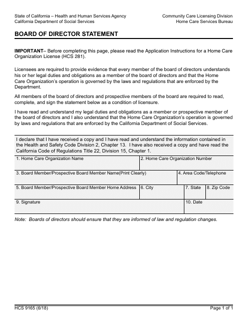 Form HCS9165  Printable Pdf