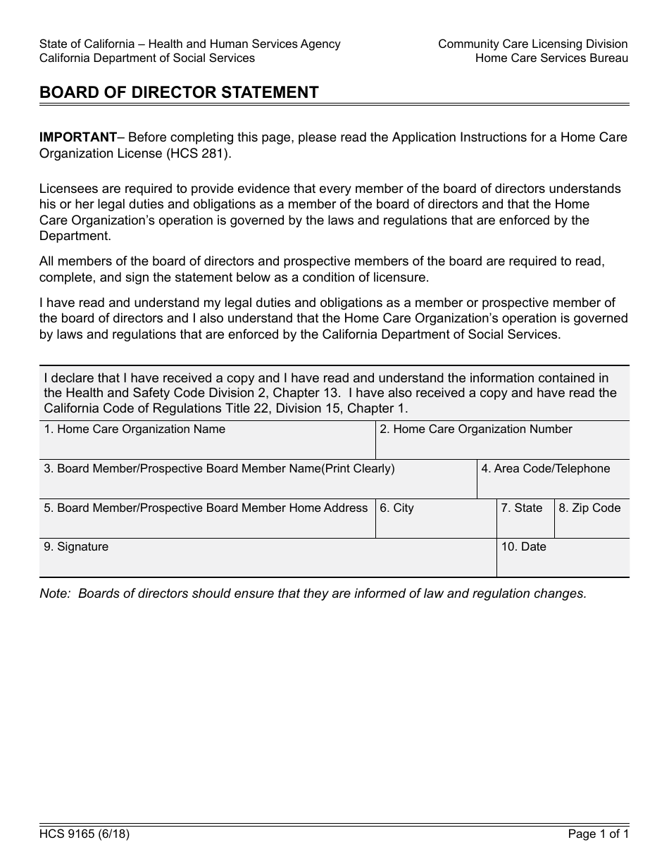 Form HCS9165 Board of Director Statement - California, Page 1