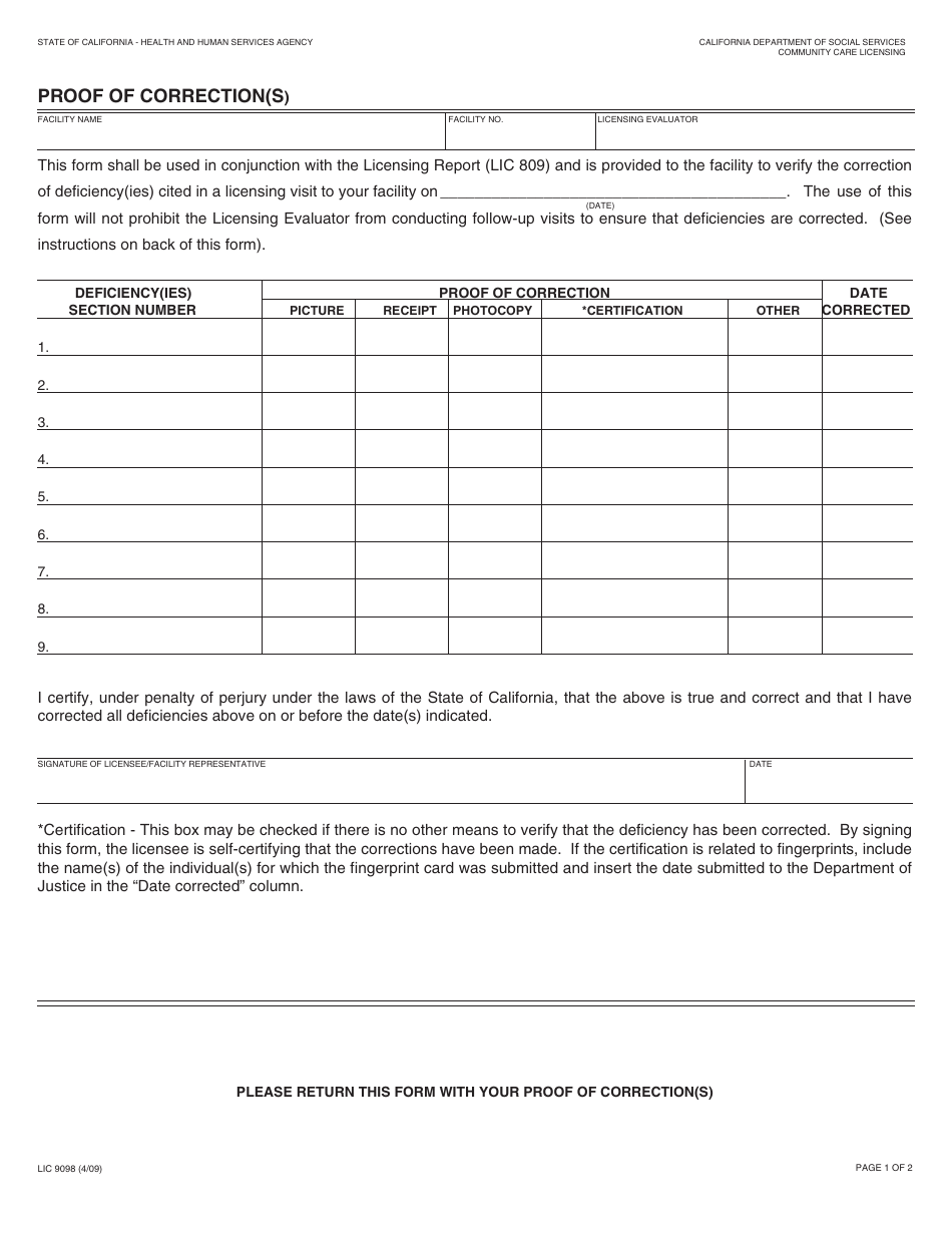 Form LIC9098 Proof of Correction(S) - California, Page 1