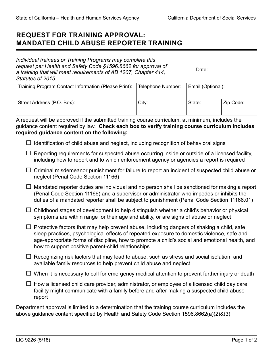 Form LIC9226 Request for Training Approval: Mandated Child Abuse Reporter Training - California, Page 1