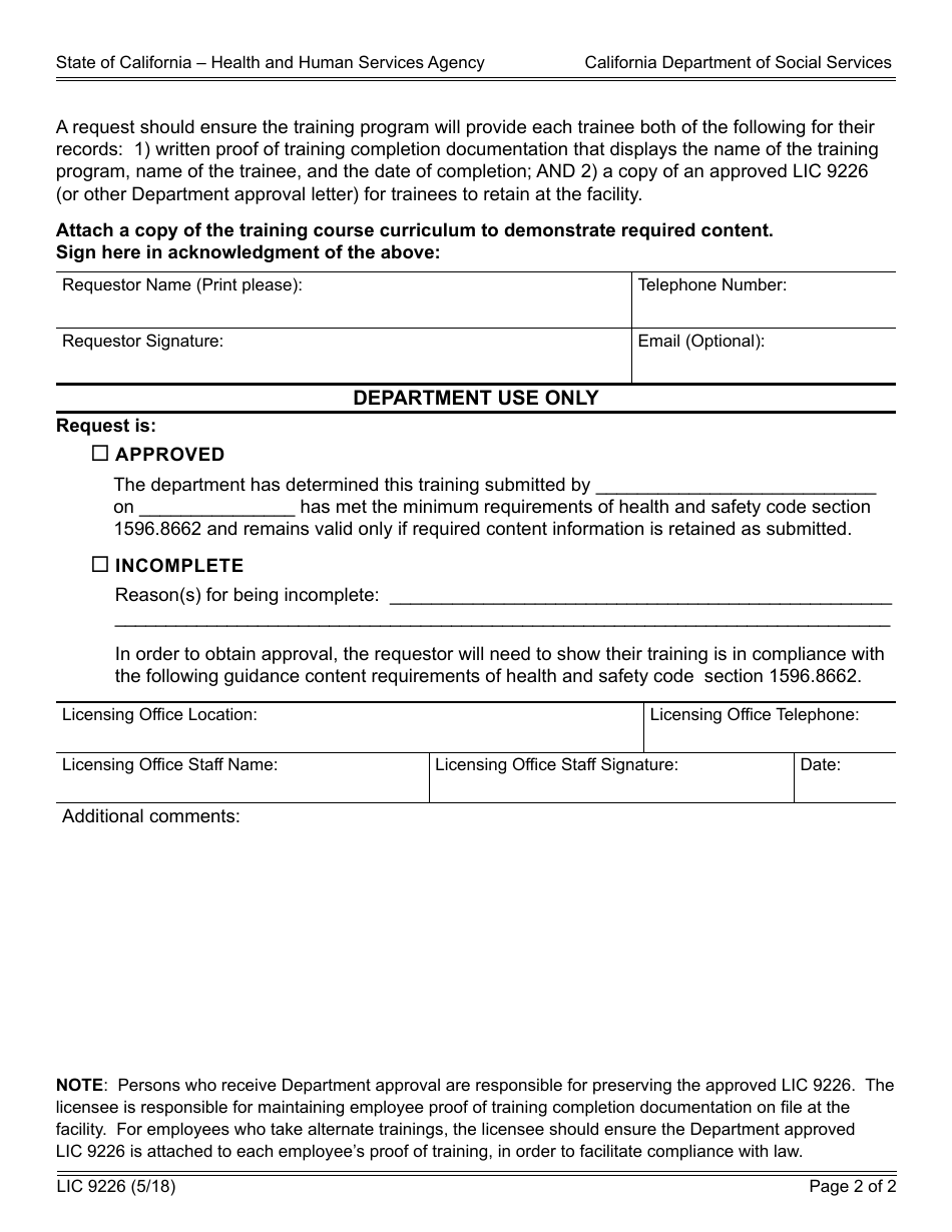 Form LIC9226 Request for Training Approval: Mandated Child Abuse Reporter Training - California, Page 2