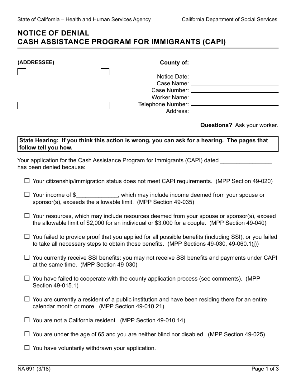 Form NA691 Notice of Denial - Cash Assistance Program for Immigrants (Capi) - California, Page 1