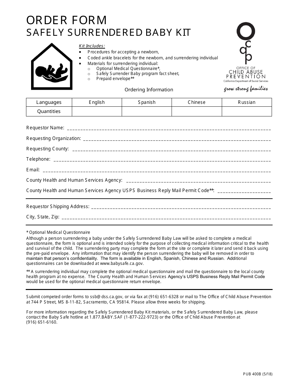 Form PUB400B Order Form Safely Surrendered Baby Kit - California, Page 1