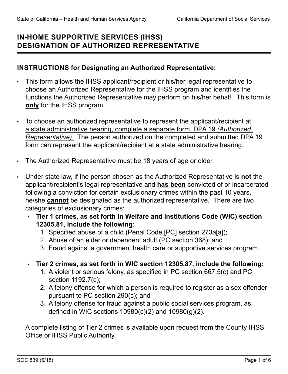 Form SOC839 In-home Supportive Services (Ihss) Designation of Authorized Representative - California, Page 1