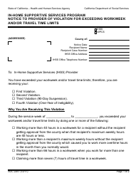 Form SOC2257 Notice to Provider of Violation for Exceeding Workweek and/or Travel Time Limits - in-Home Supportive Services Program - California