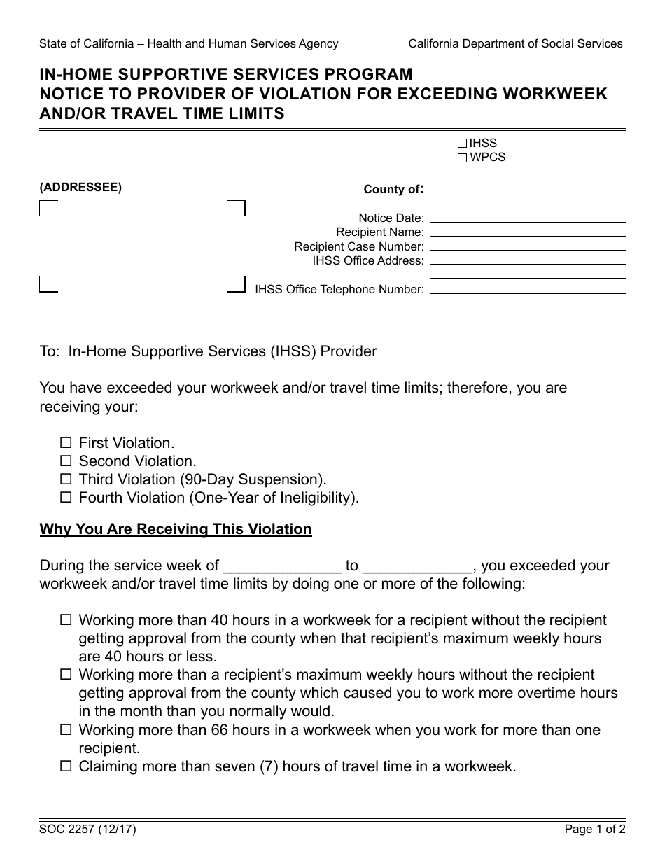 Form SOC2257 Notice to Provider of Violation for Exceeding Workweek and / or Travel Time Limits - in-Home Supportive Services Program - California, Page 1