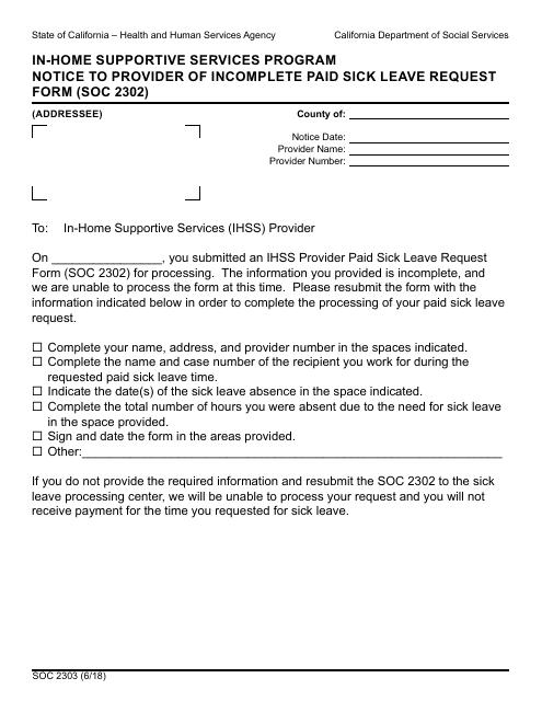 Form SOC2303  Printable Pdf