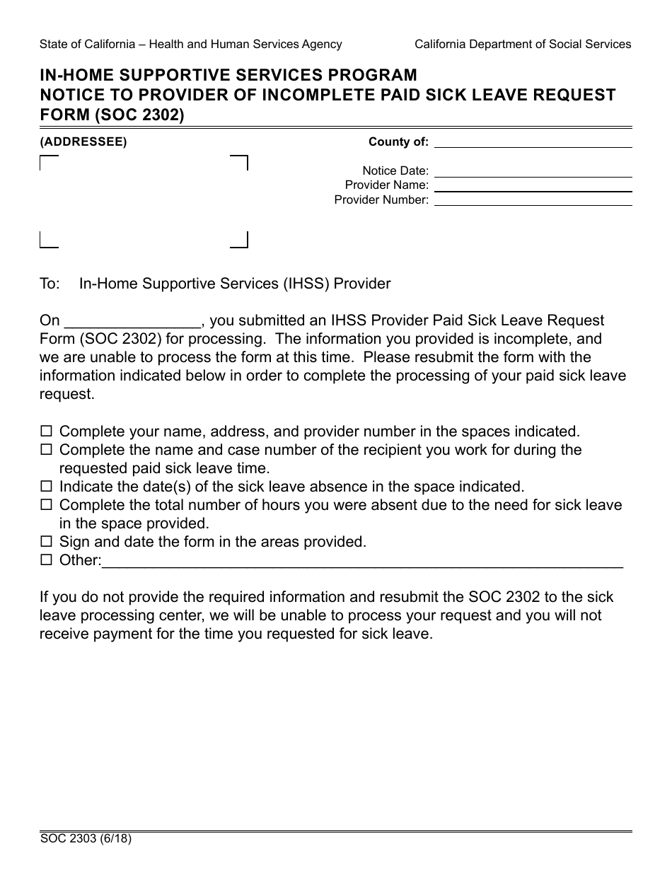 Form SOC2303 Notice to Provider of Incomplete Paid Sick Leave Request Form (Soc 2302) - in-Home Supportive Services Program - California, Page 1