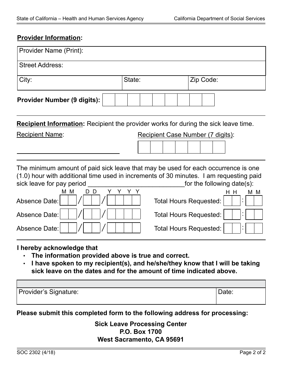 Form SOC2302 Provider Paid Sick Leave Request Form - in-Home Supportive Services (Ihss) Program - California, Page 2