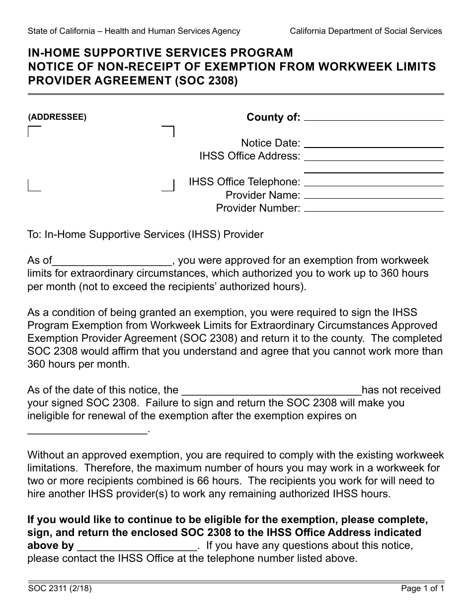 Form SOC2311 Notice of Non-receipt of Exemption From Workweek Limits Provider Agreement (Soc 2308) - in-Home Supportive Services Program - California, Page 1