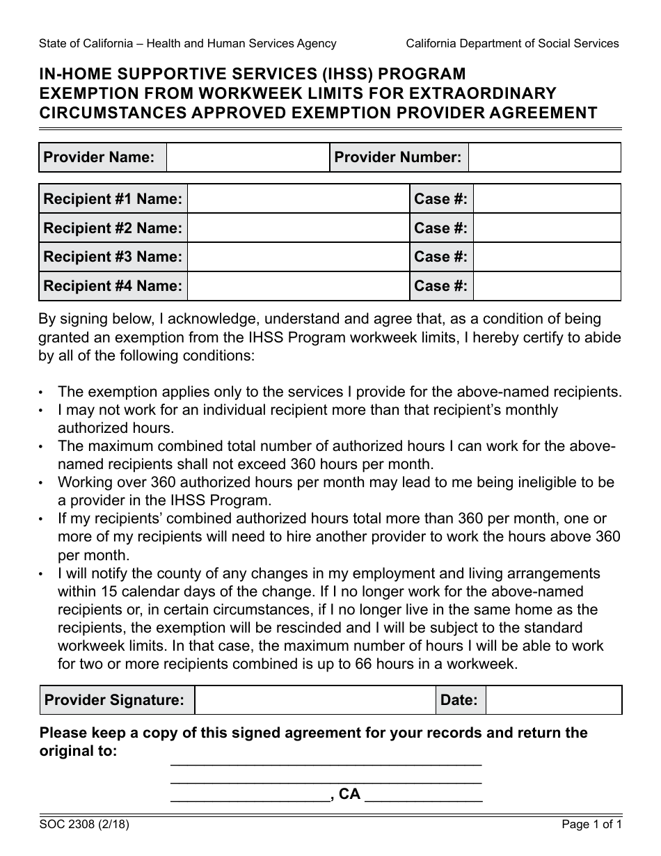 Form SOC2308 Exemption From Workweek Limits for Extraordinary Circumstances Approved Exemption Provider Agreement - in-Home Supportive Services (Ihss) Program - California, Page 1
