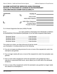 Form SOC2312 Notice to Provider of Change in Extraordinary Circumstances Exemption Eligibility - in-Home Supportive Services (Ihss) Program - California