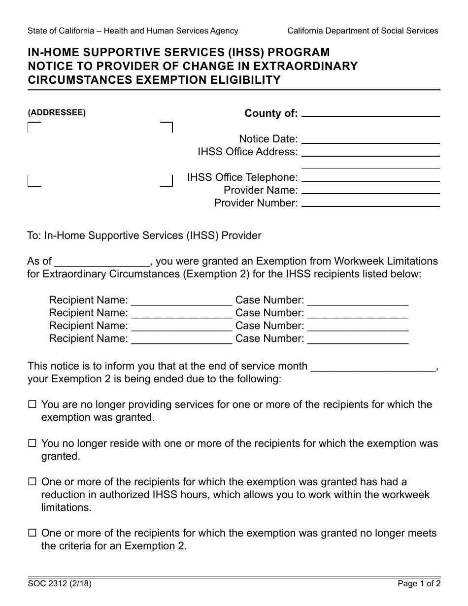 Form SOC2312 Notice to Provider of Change in Extraordinary Circumstances Exemption Eligibility - in-Home Supportive Services (Ihss) Program - California, Page 1