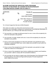 Form SOC2312A Notice to Recipient of Change in Extraordinary Circumstances Exemption Eligibility - in-Home Supportive Services (Ihss) Program - California