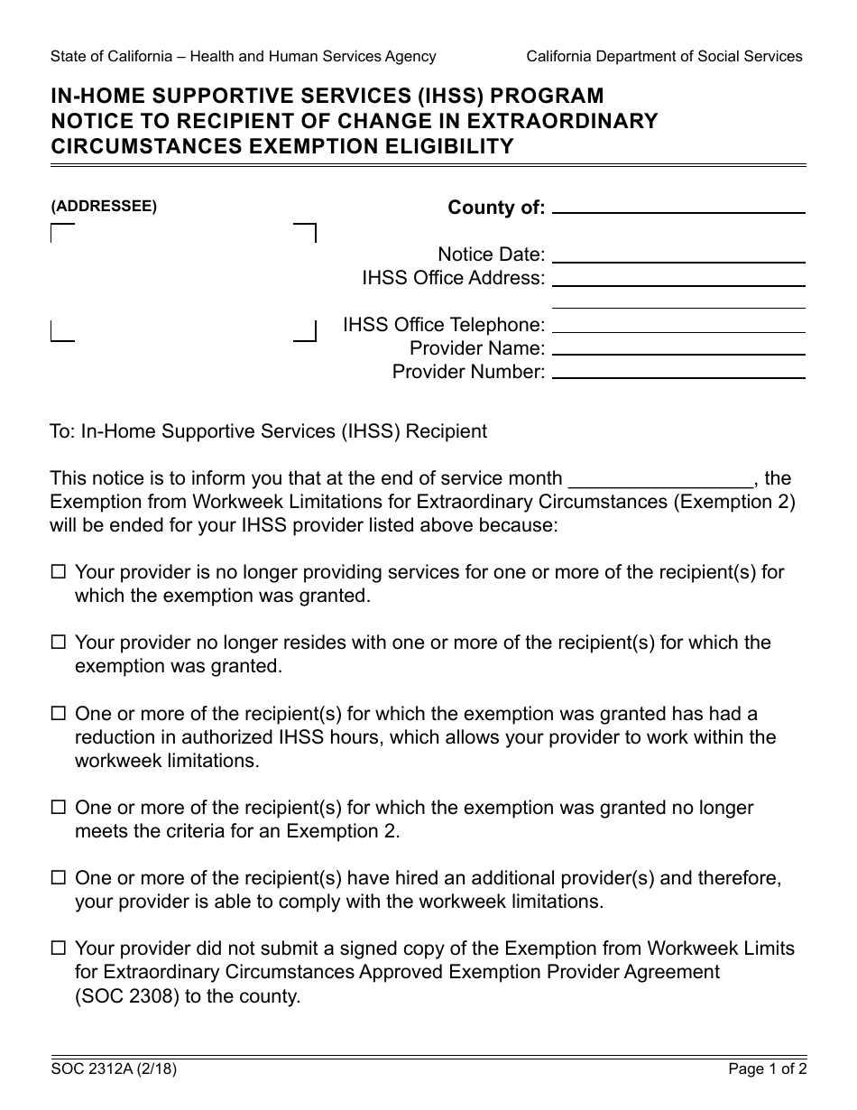 Form SOC2312A Notice to Recipient of Change in Extraordinary Circumstances Exemption Eligibility - in-Home Supportive Services (Ihss) Program - California, Page 1
