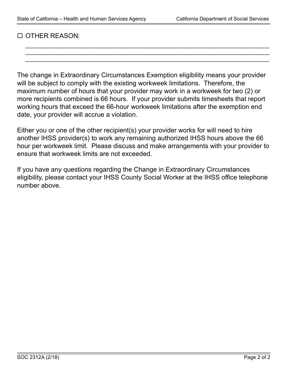 Form SOC2312A Notice to Recipient of Change in Extraordinary Circumstances Exemption Eligibility - in-Home Supportive Services (Ihss) Program - California, Page 2