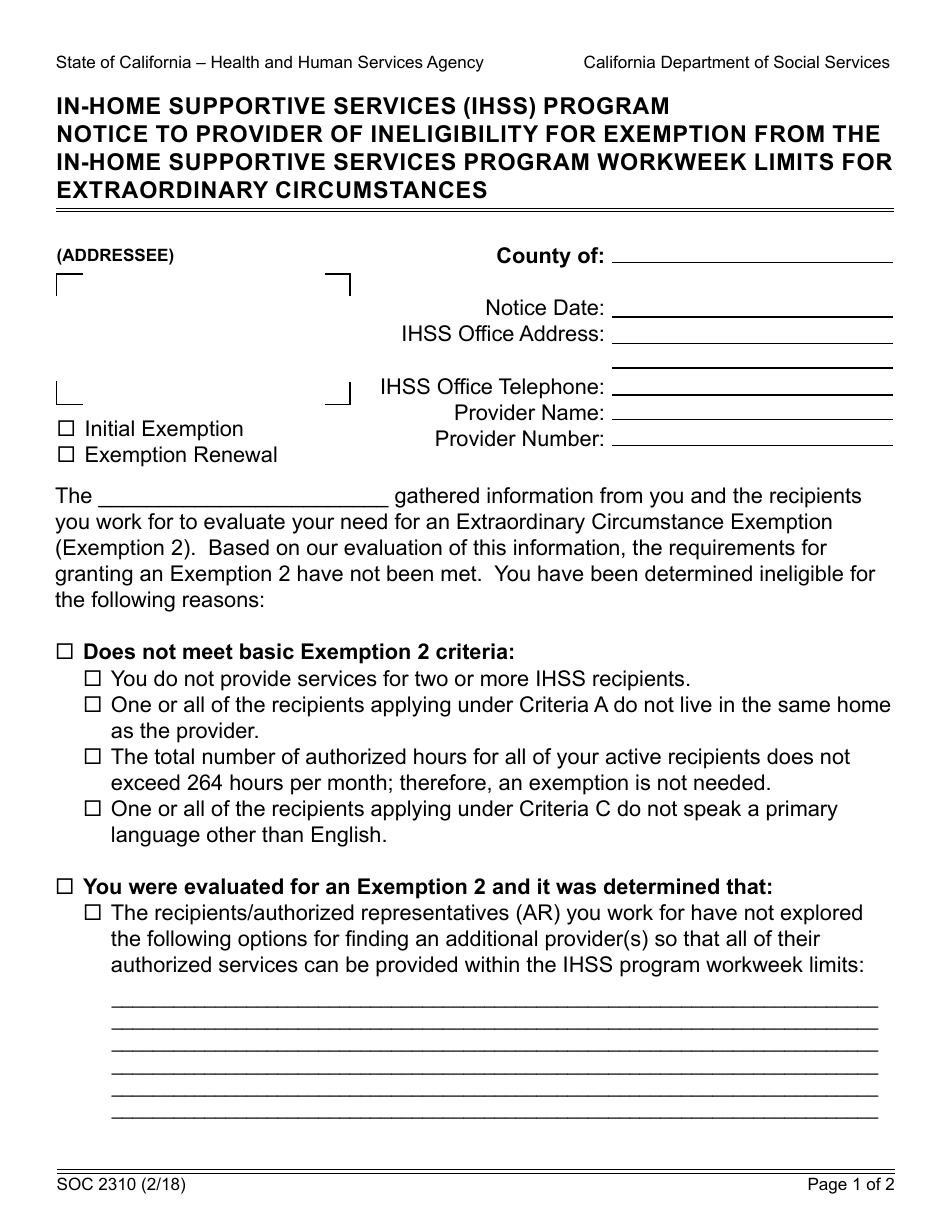 Form SOC2310 Notice to Provider of Ineligibility for Exemption From the in-Home Supportive Services Program Workweek Limits for Extraordinary Circumstances - in-Home Supportive Services (Ihss) Program - California, Page 1