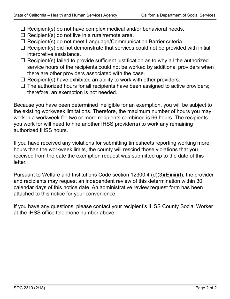 Form SOC2310 Notice to Provider of Ineligibility for Exemption From the in-Home Supportive Services Program Workweek Limits for Extraordinary Circumstances - in-Home Supportive Services (Ihss) Program - California, Page 2