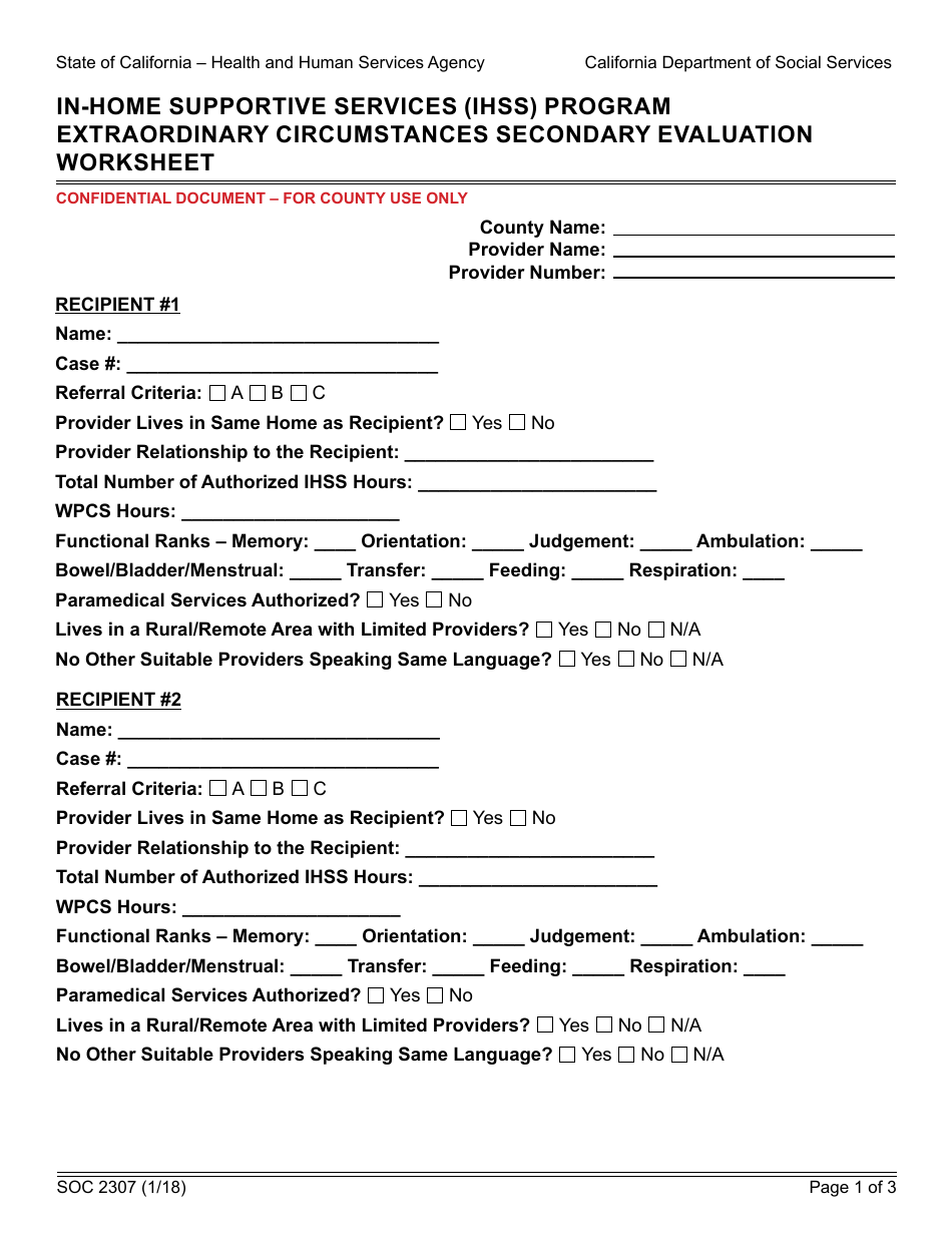 Form SOC2307 In-home Supportive Services (Ihss) Program Extraordinary Circumstances Secondary Evaluation Worksheet - California, Page 1