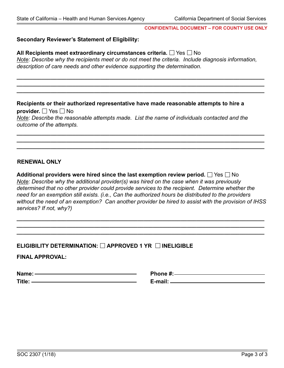 Form SOC2307 In-home Supportive Services (Ihss) Program Extraordinary Circumstances Secondary Evaluation Worksheet - California, Page 3