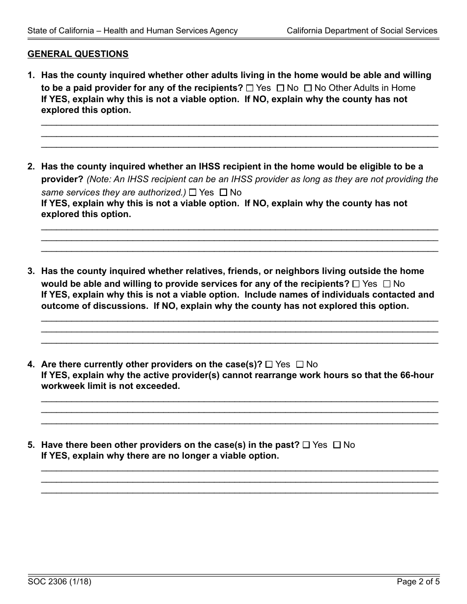 Form SOC2306 Exemption From Workweek Limits for Extraordinary Circumstances Referral Justification - in-Home Supportive Services (Ihss) Program - California, Page 2