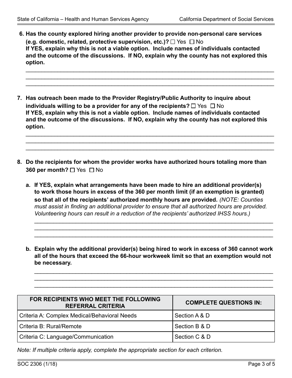 Form SOC2306 Exemption From Workweek Limits for Extraordinary Circumstances Referral Justification - in-Home Supportive Services (Ihss) Program - California, Page 3