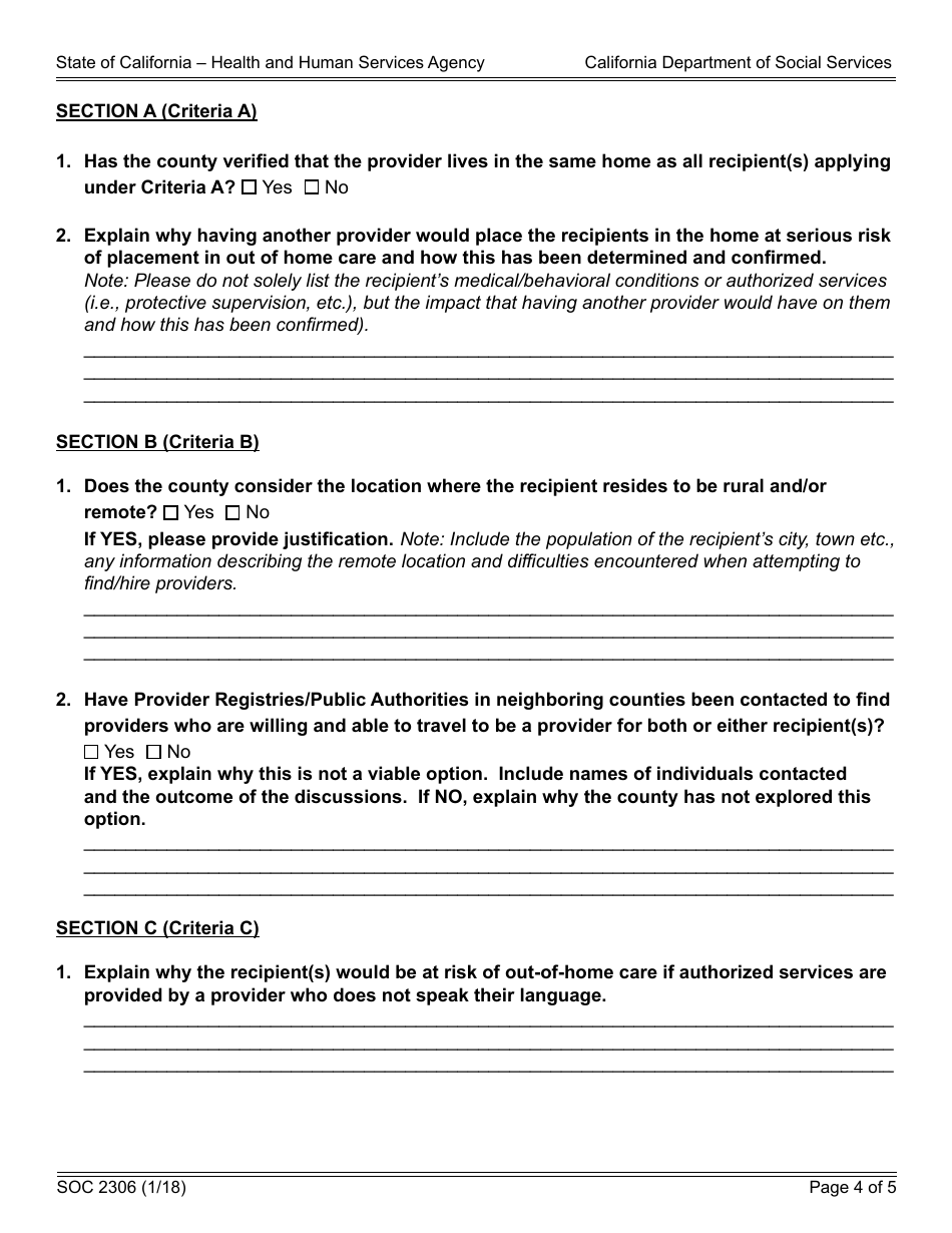 Form SOC2306 Exemption From Workweek Limits for Extraordinary Circumstances Referral Justification - in-Home Supportive Services (Ihss) Program - California, Page 4