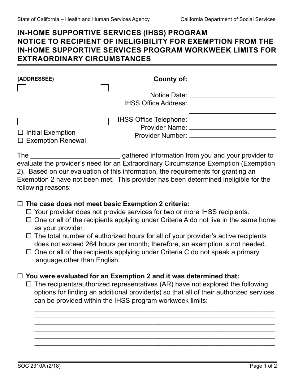 Form SOC2310A Notice to Recipient of Ineligibility for Exemption From the in-Home Supportive Services Program Workweek Limits for Extraordinary Circumstances - in-Home Supportive Services (Ihss) Program - California, Page 1