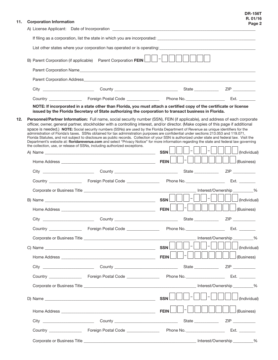 Form DR-156T Florida Temporary Fuel Tax Application - Florida, Page 4