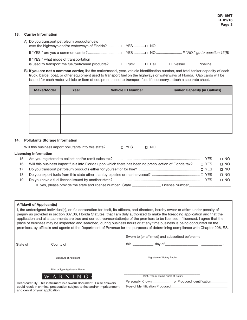 Form DR-156T Florida Temporary Fuel Tax Application - Florida, Page 5