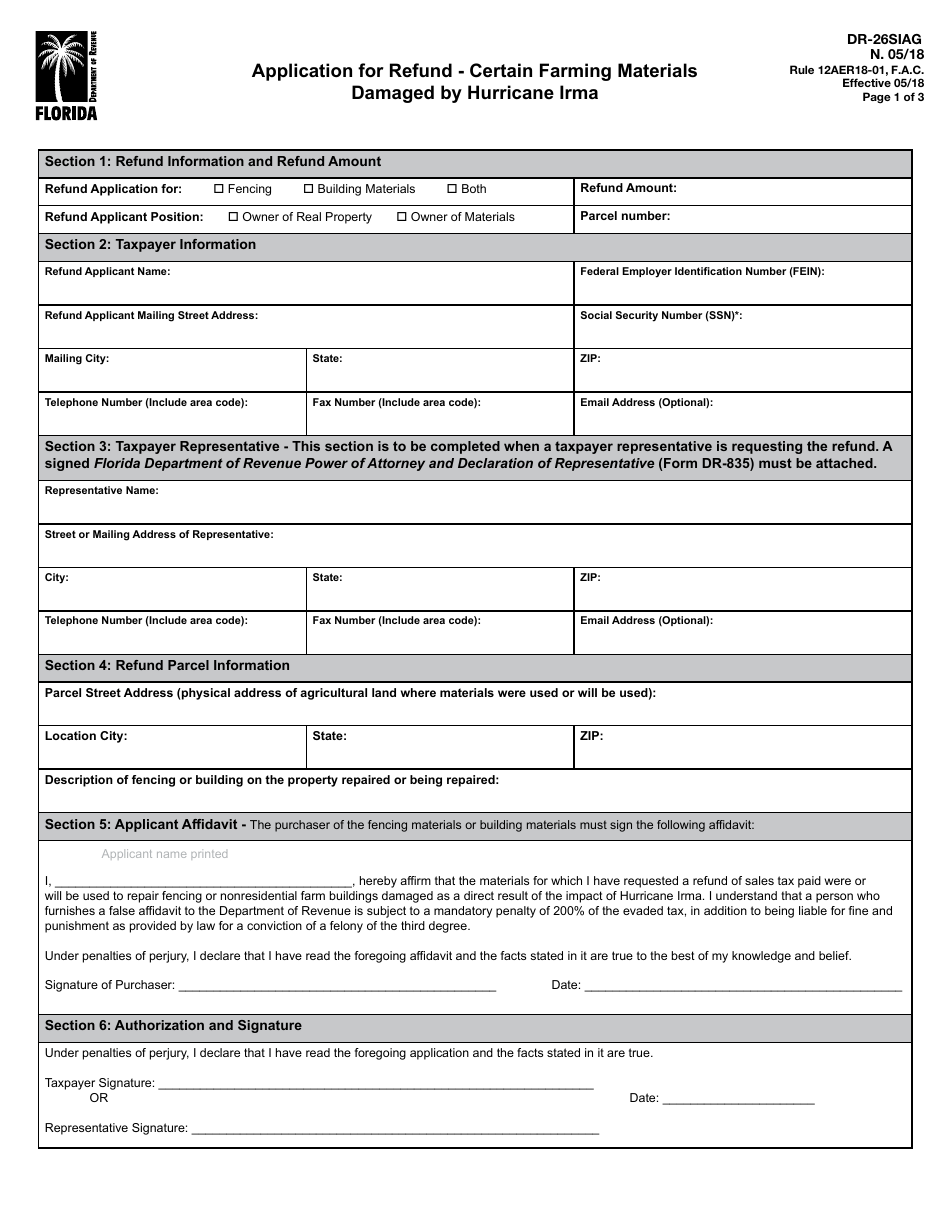 Form DR-26SIAG Application for Refund - Certain Farming Materials Damaged by Hurricane Irma - Florida, Page 1
