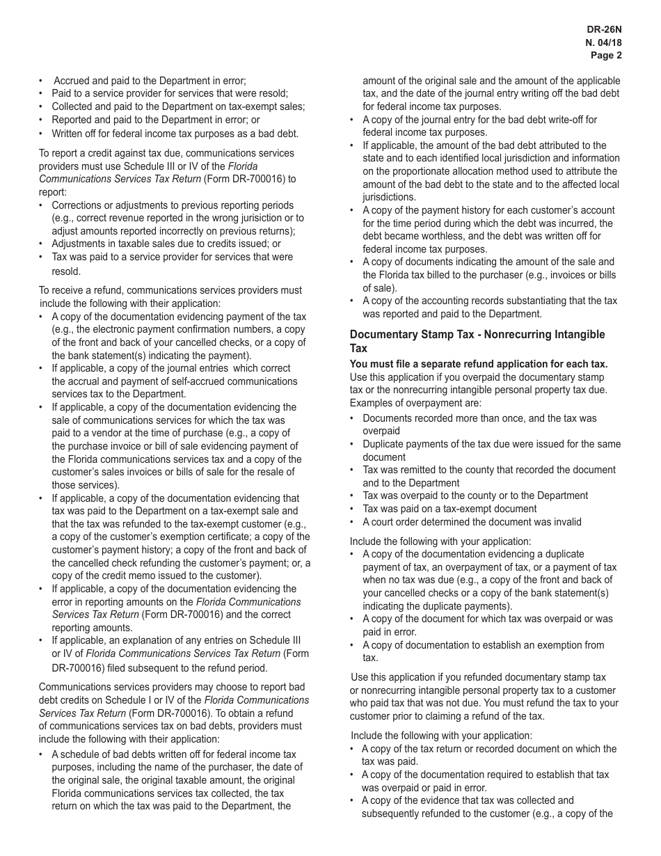 Instructions for Form DR-26N, DR-26 Application for Refund for All Taxes (Except Sales and Use Tax) - Florida, Page 2