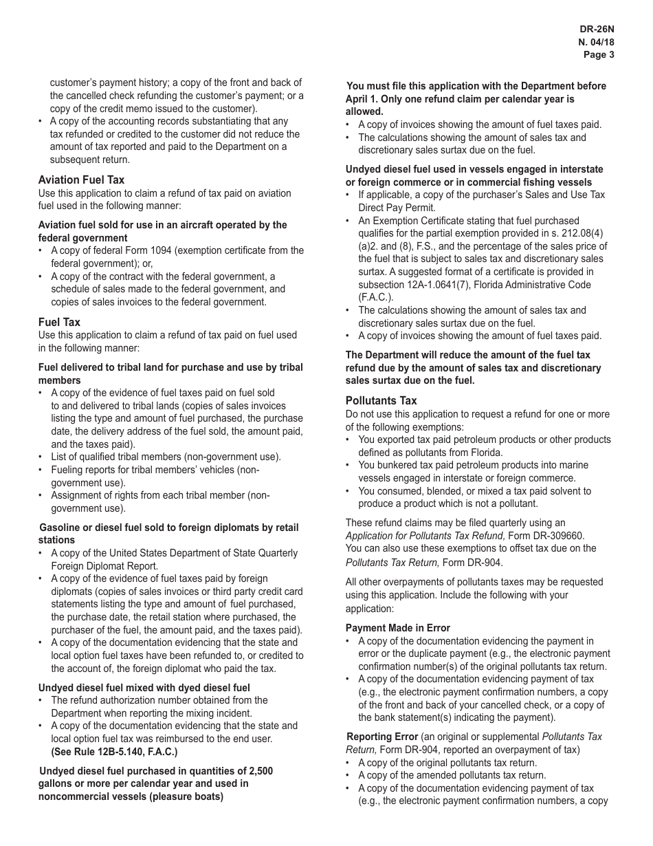 Instructions for Form DR-26N, DR-26 Application for Refund for All Taxes (Except Sales and Use Tax) - Florida, Page 3