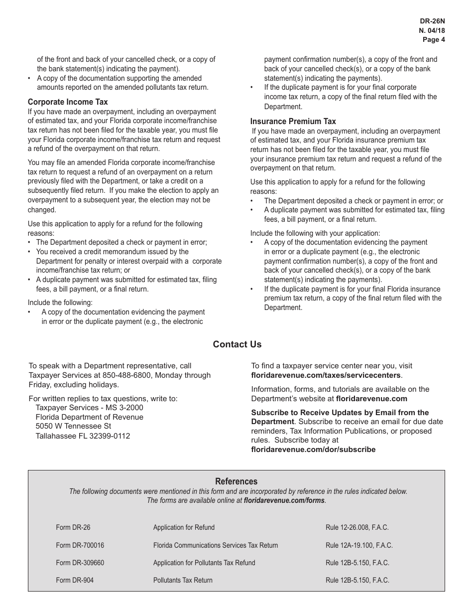 Instructions for Form DR-26N, DR-26 Application for Refund for All Taxes (Except Sales and Use Tax) - Florida, Page 4