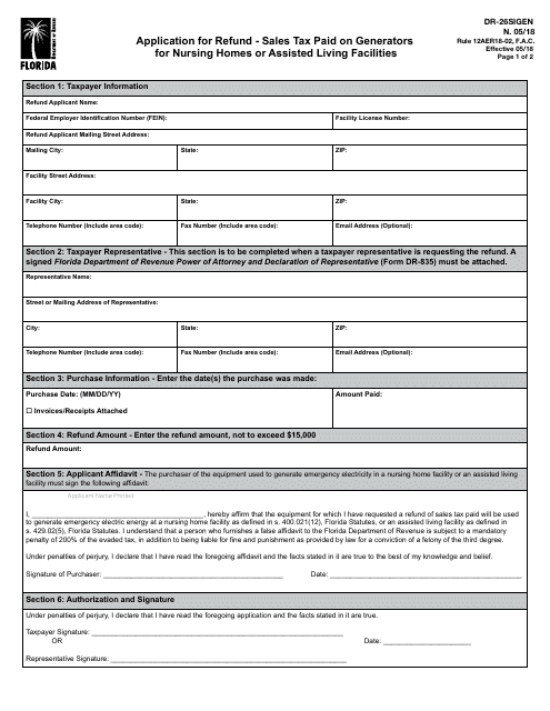 Form DR-26SIGEN Application for Refund - Sales Tax Paid on Generators for Nursing Homes or Assisted Living Facilities - Florida