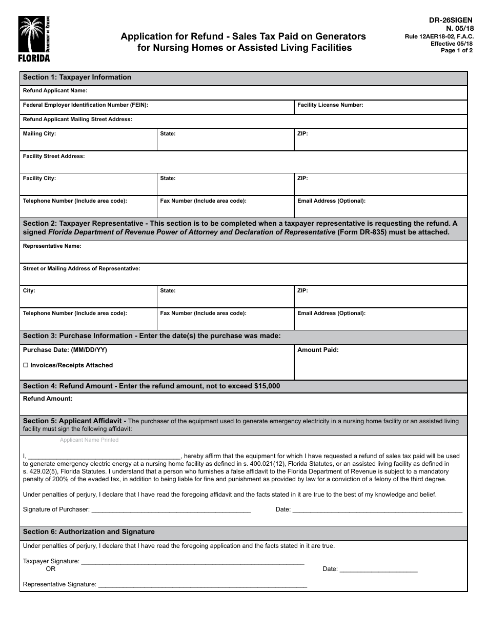 Form DR-26SIGEN Application for Refund - Sales Tax Paid on Generators for Nursing Homes or Assisted Living Facilities - Florida, Page 1