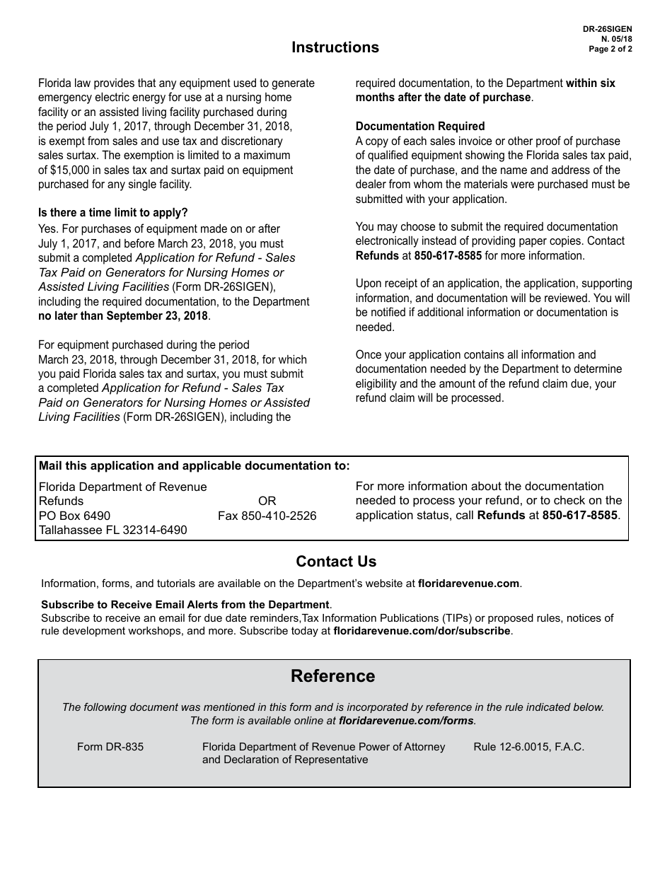 Form DR-26SIGEN Application for Refund - Sales Tax Paid on Generators for Nursing Homes or Assisted Living Facilities - Florida, Page 2
