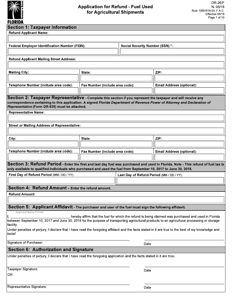 Form DR-26IF Application for Refund - Fuel Used for Agricultural Shipments - Florida, Page 1