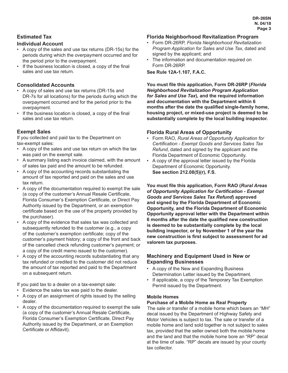 Instructions for Form DR-26SN, DR-26S Application for Refund Sales and Use Tax - Florida, Page 3
