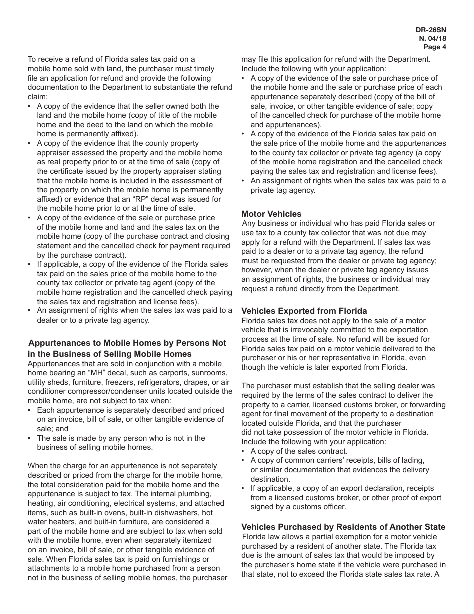 Instructions for Form DR-26SN, DR-26S Application for Refund Sales and Use Tax - Florida, Page 4