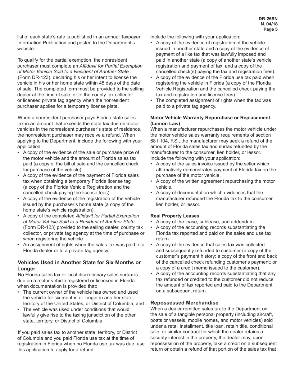 Instructions for Form DR-26SN, DR-26S Application for Refund Sales and Use Tax - Florida, Page 5