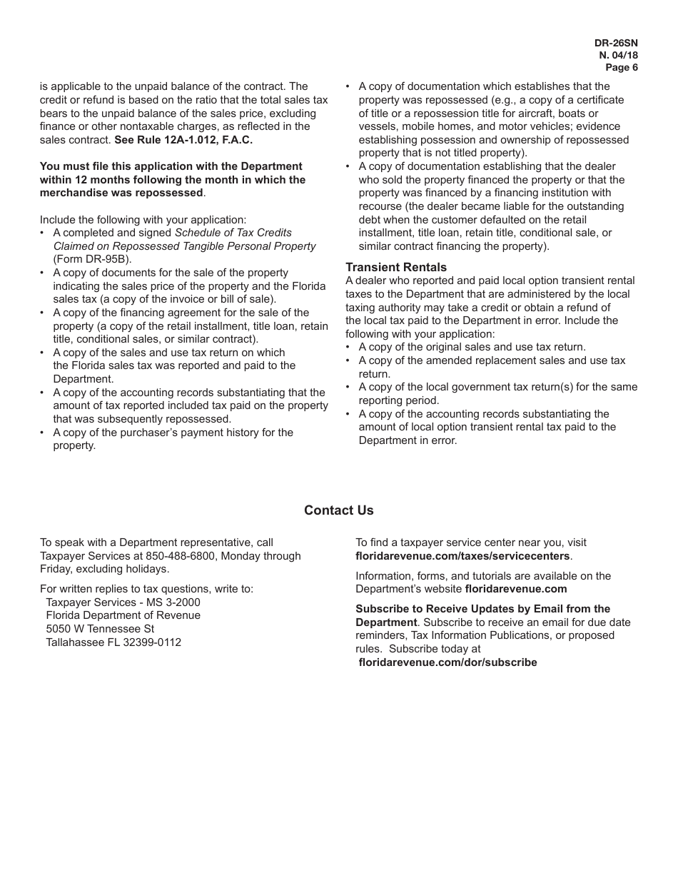 Instructions for Form DR-26SN, DR-26S Application for Refund Sales and Use Tax - Florida, Page 6