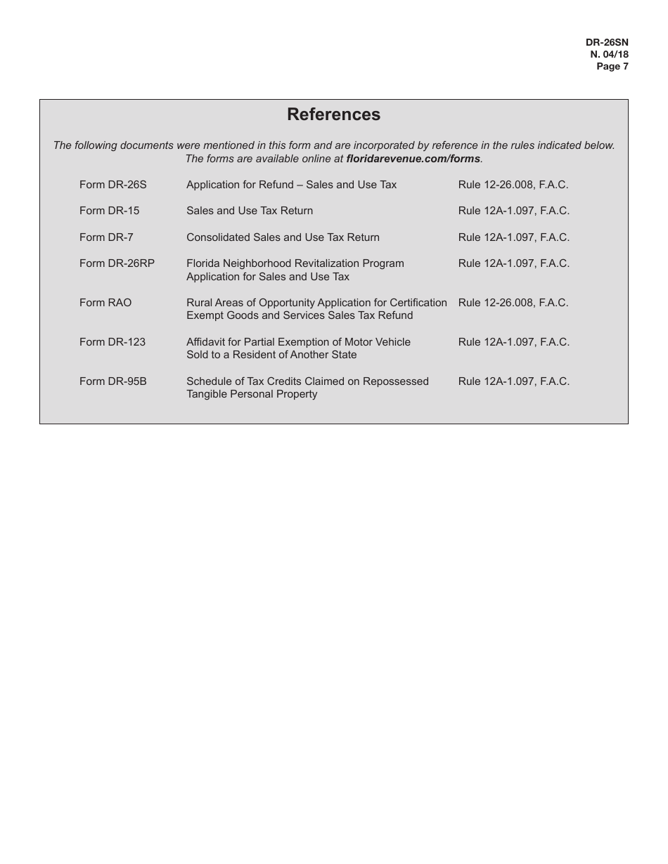 Instructions for Form DR-26SN, DR-26S Application for Refund Sales and Use Tax - Florida, Page 7