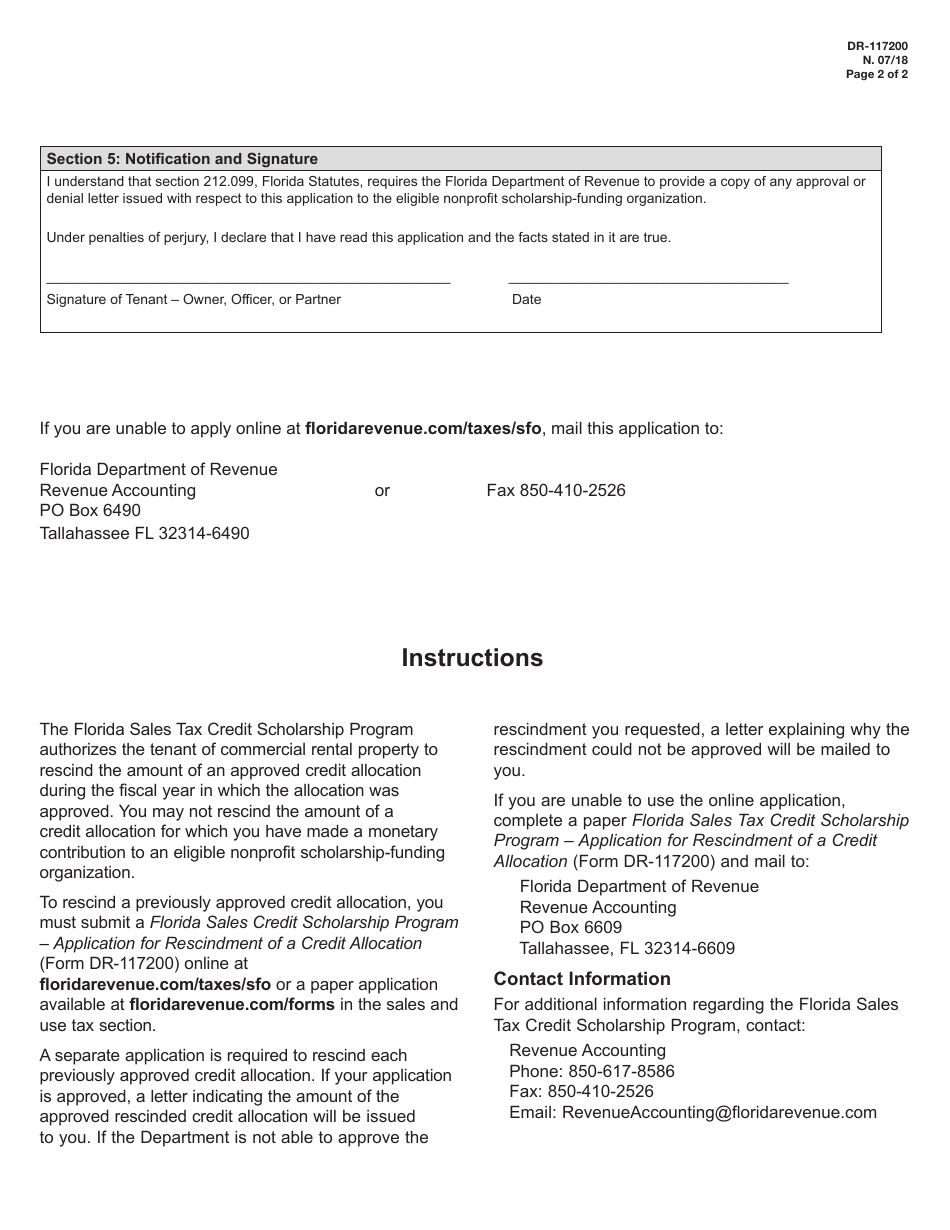 Form DR-117200 Application for Rescindment of a Credit Allocation - Florida Sales Tax Credit Scholarship Program - Florida, Page 2
