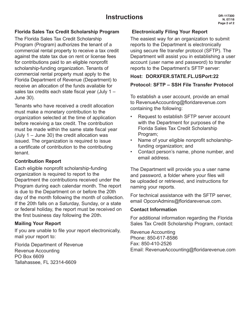Form DR-117300 Contributions Received by an Eligible Nonprofit Scholarship-Funding Organization - Florida Sales Tax Credit Scholarship Program - Florida, Page 2