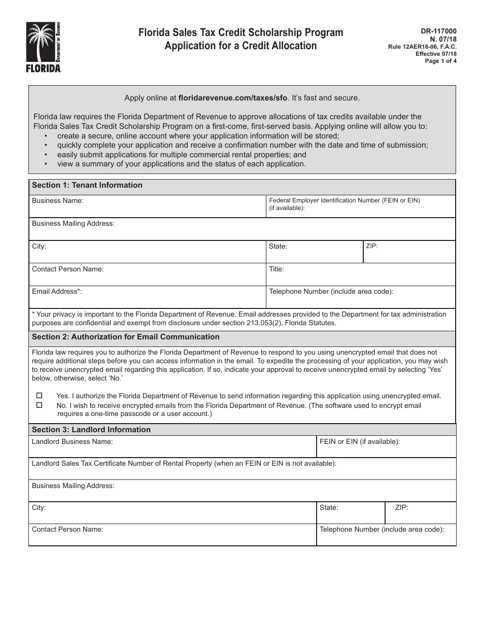Form DR-117000 Application for a Credit Allocation - Florida Sales Tax Credit Scholarship Program - Florida, Page 1