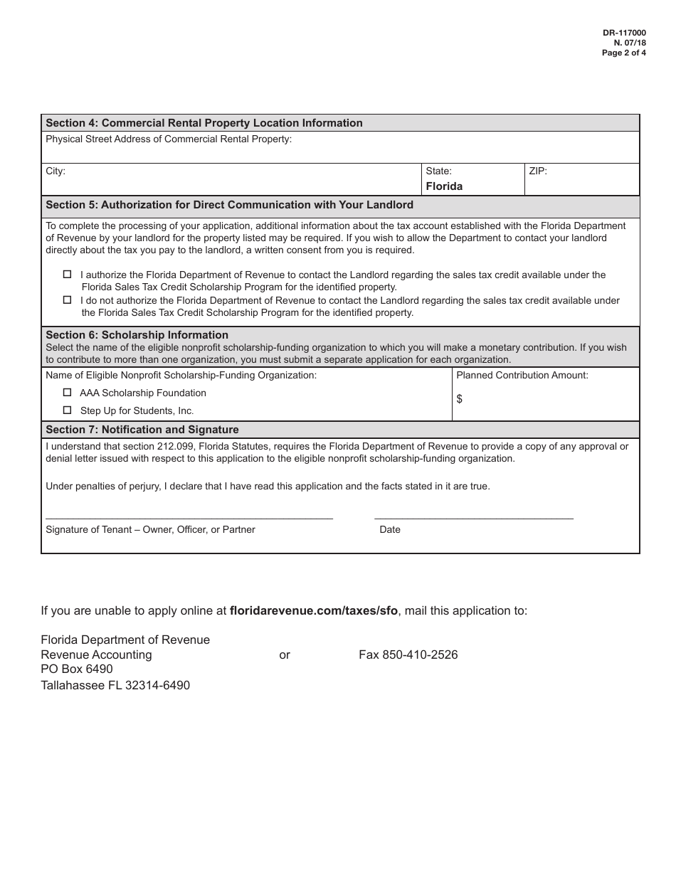 Form DR-117000 Application for a Credit Allocation - Florida Sales Tax Credit Scholarship Program - Florida, Page 2